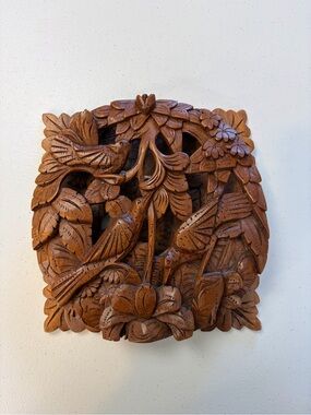 Vintage Hand Carved Balinese Asia Wood Sculpture Bird Water Nature Scene 3D Art